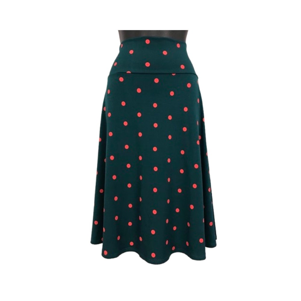 LULAROE Womens Midi Skirt Green with Coral Polka Dots Elastic Waist Size M